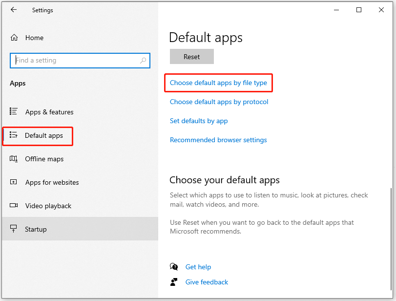 click Choose default apps by file type