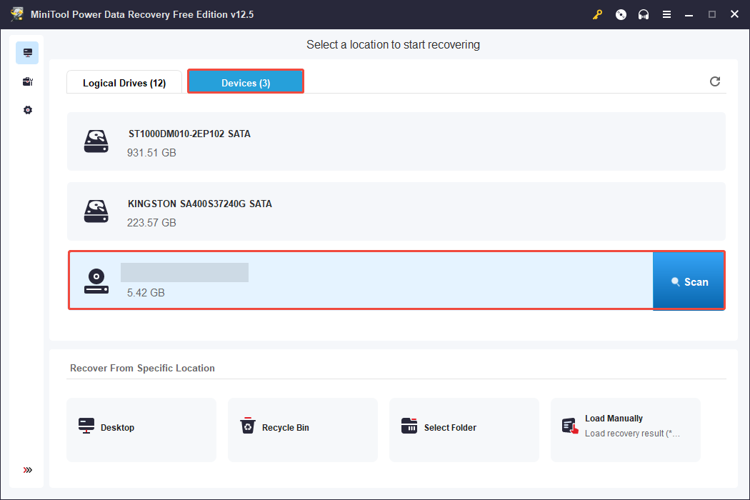 select the Micro SD card to scan for files in MiniTool Power Data Recovery