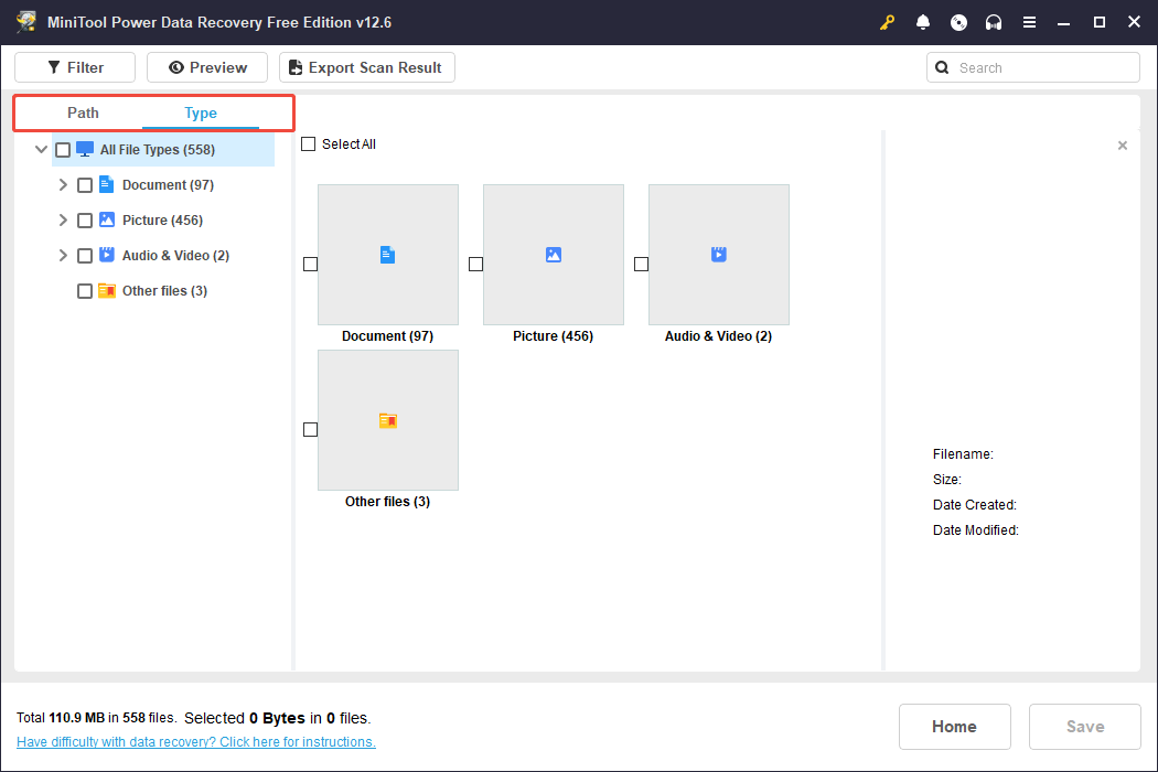 view files by file path and file type in MiniTool Power Data Recovery