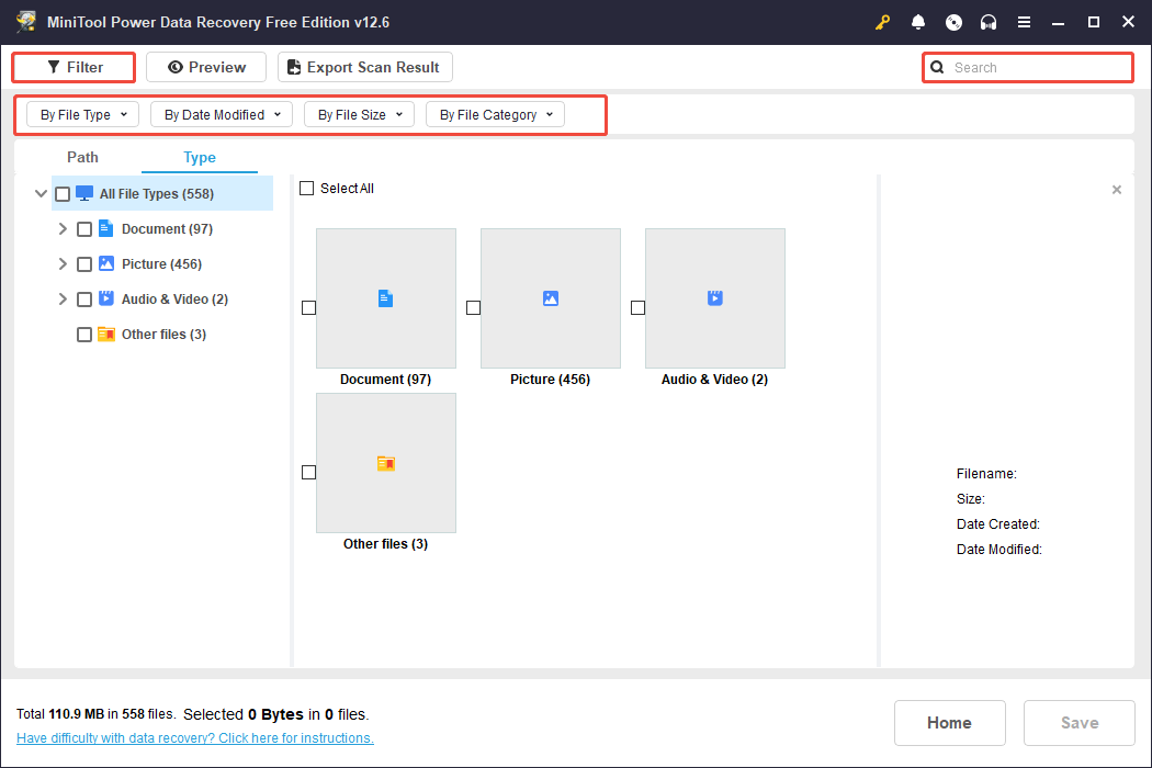 use Filter and Search to filter files in MiniTool Power Data Recovery