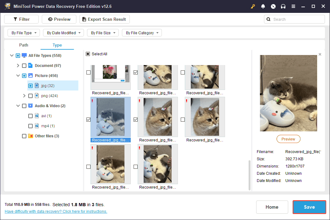 save ticked files to a location in MiniTool Power Data Recovery