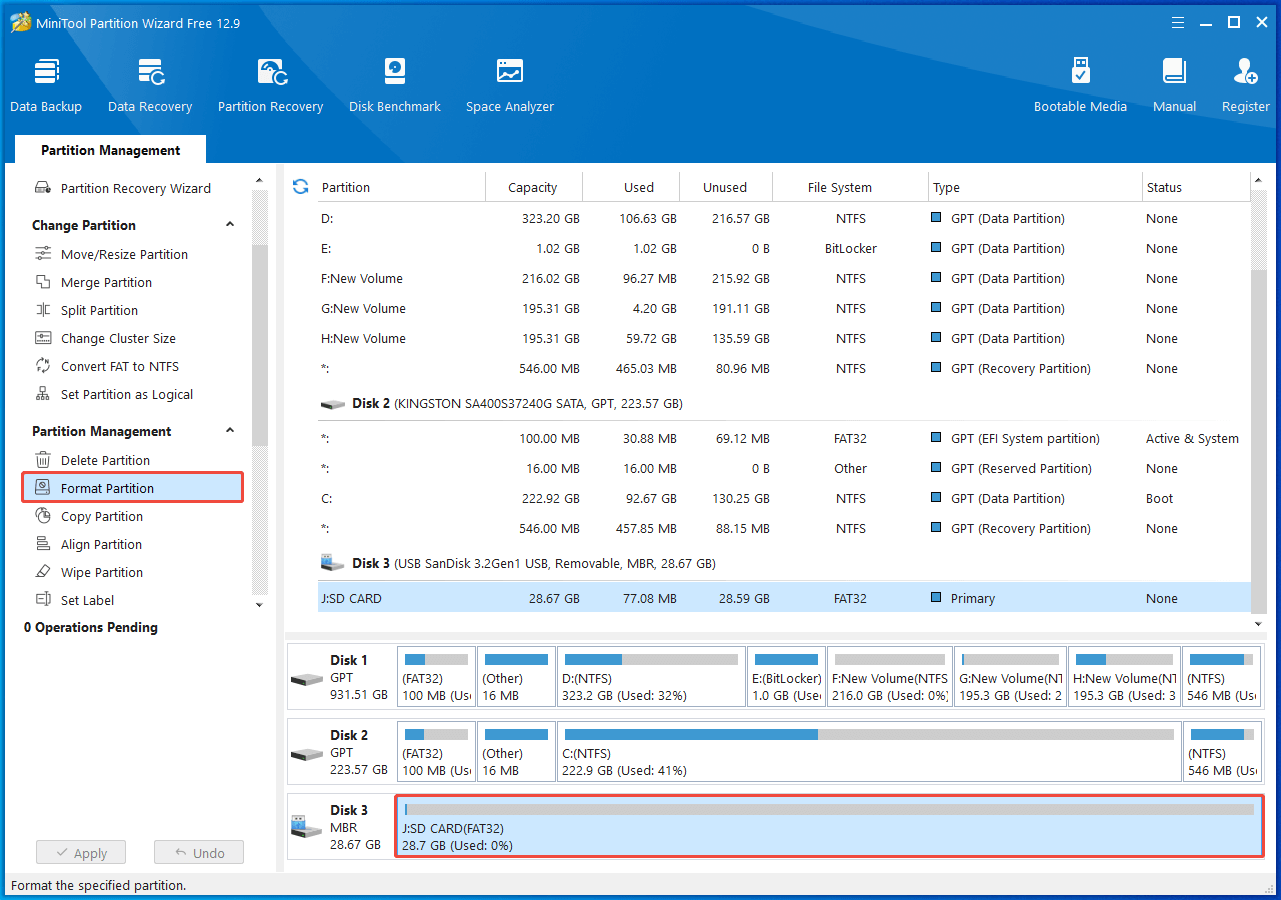 select Format Partition in MiniTool Partition Wizard