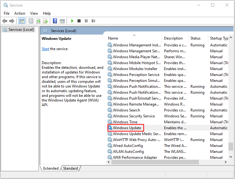 clic droit sur Windows Update