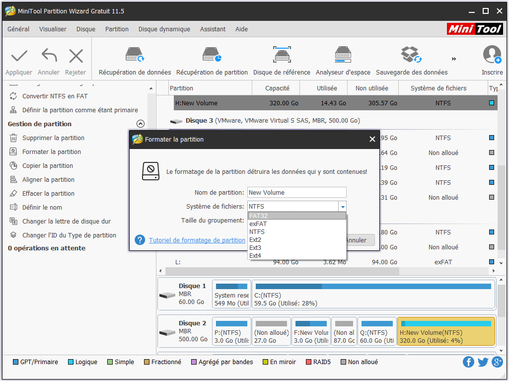 définir l'étiquette de la partition, le système de fichiers et la taille du cluster