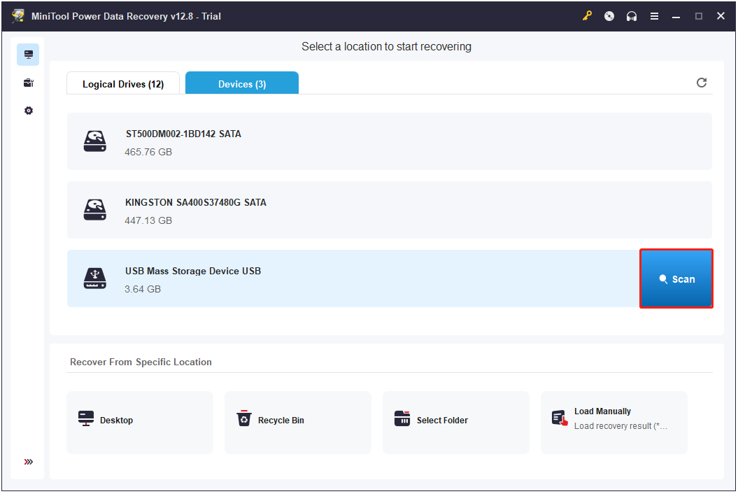 The interface of MiniTool Power Data Recovery with highlighted card and selected Scan.