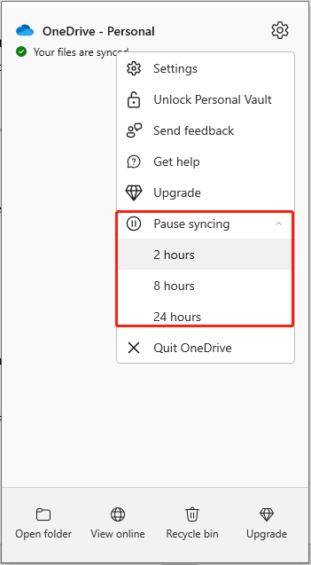 click Pause Syncing and select 2 hours