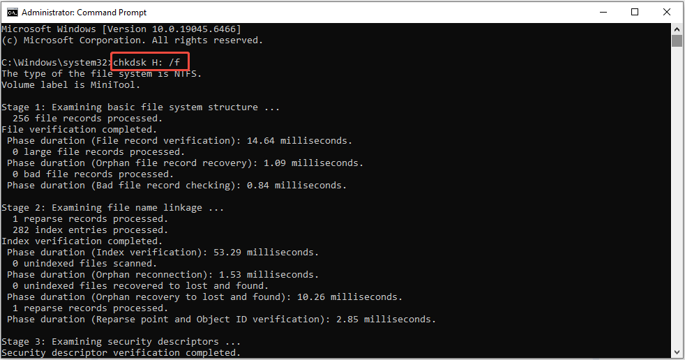 The Command Prompt window showing the CHKDSK command running on the H drive.