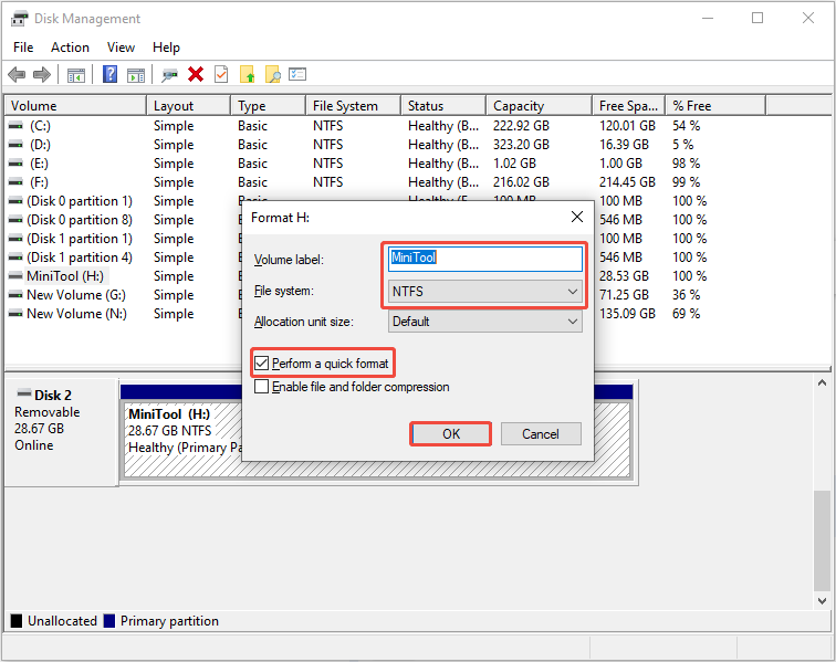 The Format interface in Disk Management showing the H drive formatting information, with format option and OK selected.