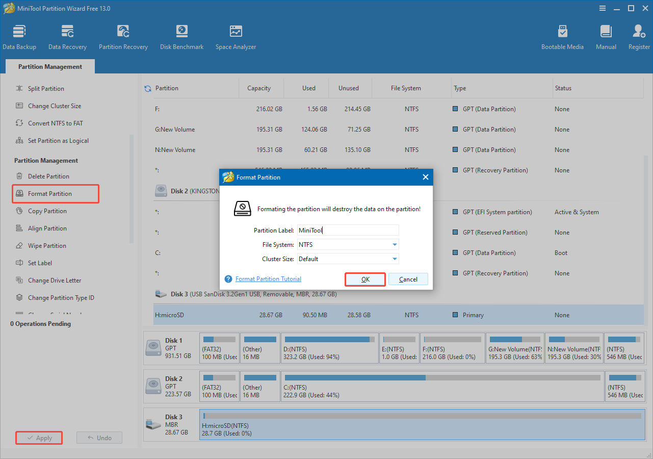 The Format Partition interface of MiniTool Partition Wizard with OK, Format Partition, and Apply highlighted.