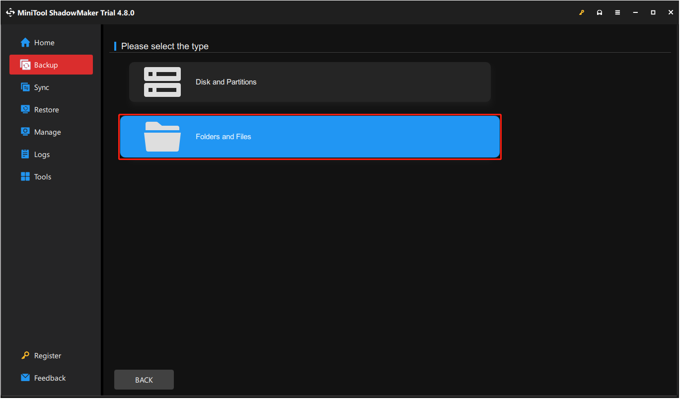 The interface of MiniTool ShadowMaker with selected Folders and Files.