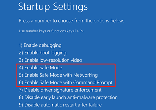 Startup Settings page selecting Enable Safe Mode, and Enable Safe Mode with Networking and Command Prompt for troubleshoot.