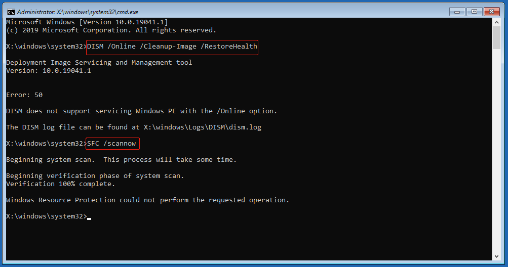 The Command Prompt in WinRE with the DISM and SFC commands running.