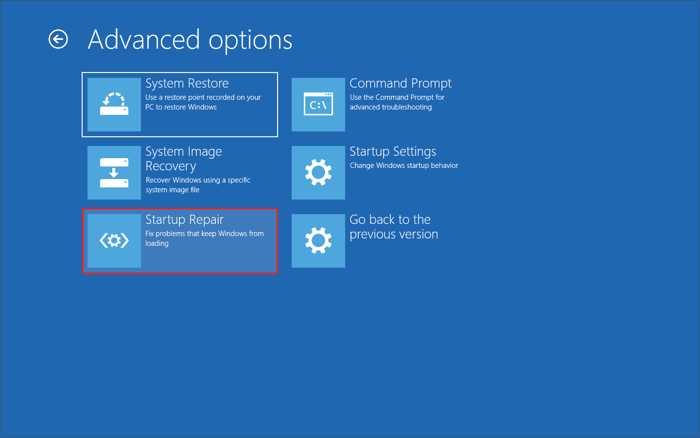 The Advanced options interface lists troubleshooting options with the Startup Repair option selected.
