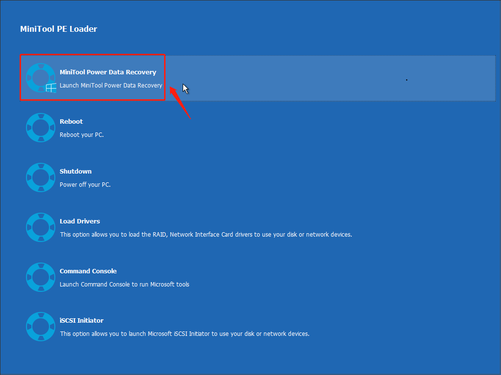 The MiniTool PE Loader interface showing a lot of repair options, with MiniTool Power Data Recovery selected.