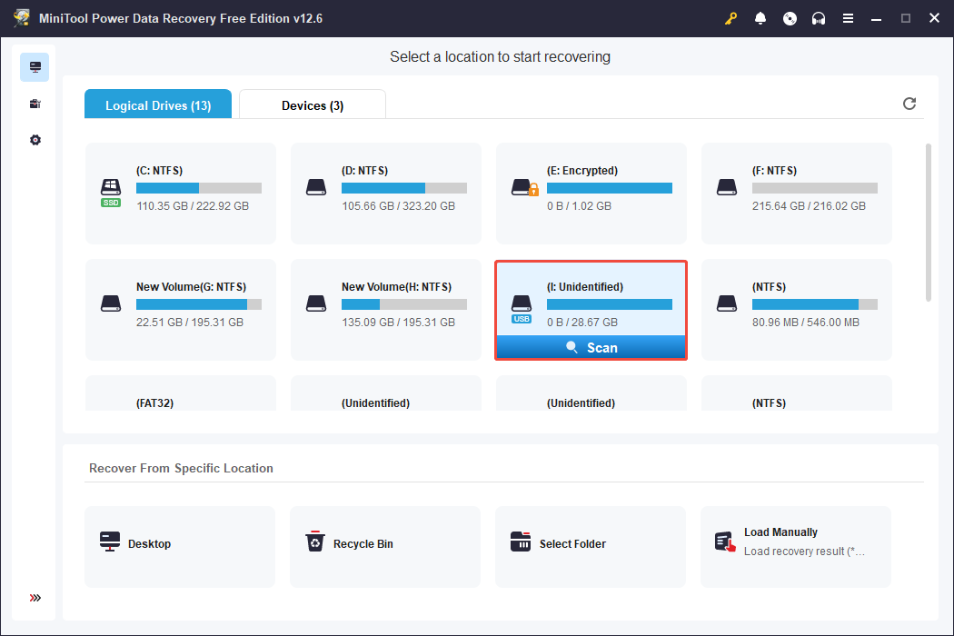 select the RAW partition to scan in MiniTool Power Data Recovery