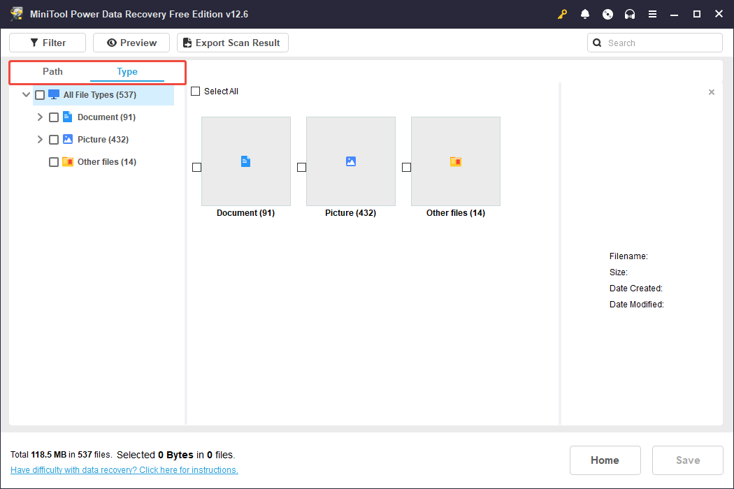 the Path and Type features in MiniTool Power Data Recovery