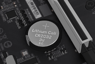 A CMOS battery connected to the motherboard.