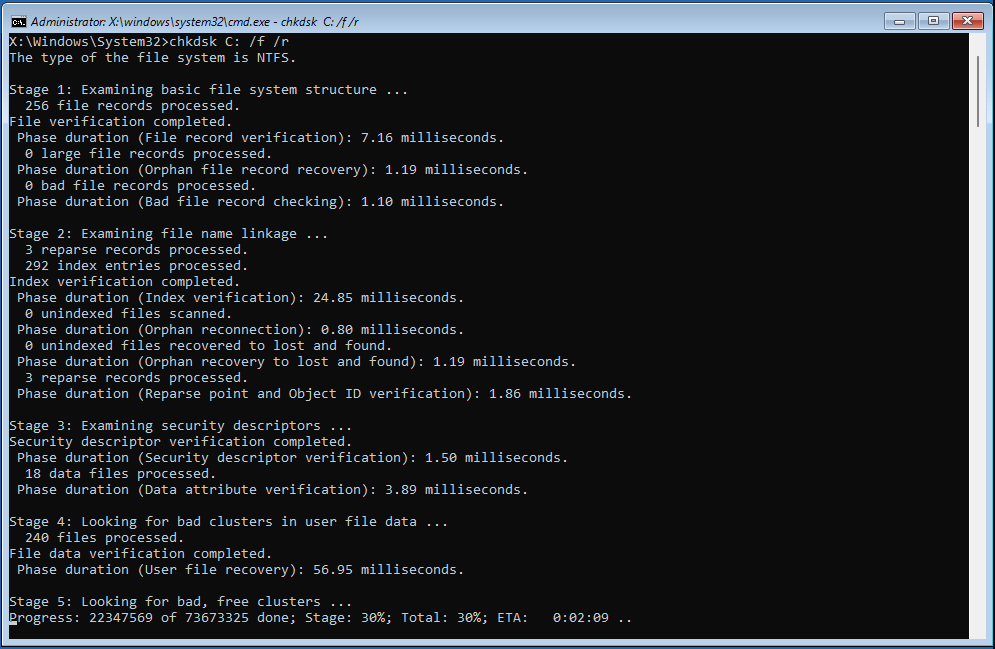 The Command Prompt window with the running chkdsk c: /f /r command.
