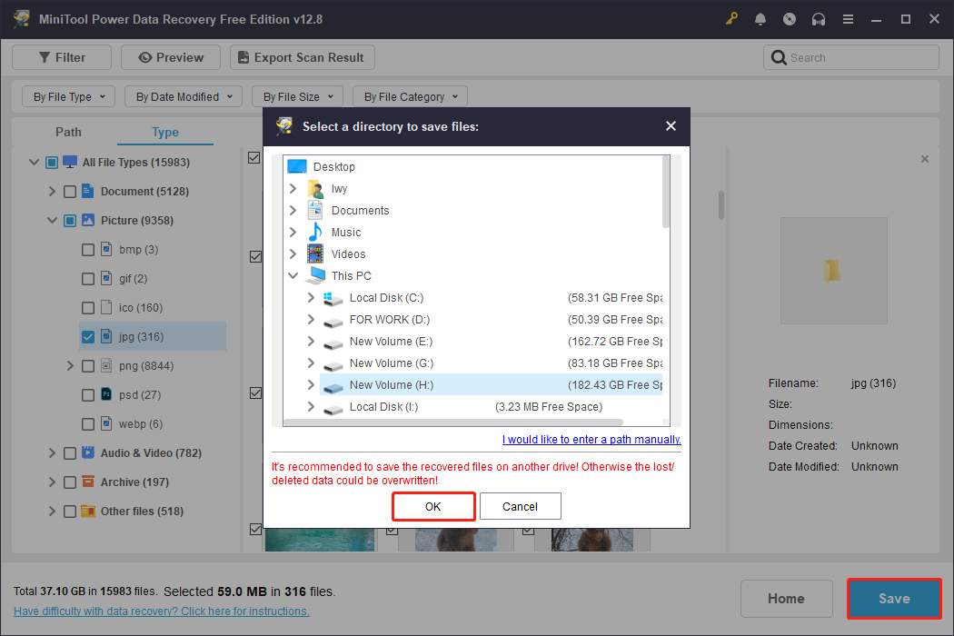 MiniTool Power Data Recovery interface with the Save button selected and a box showing a save path.