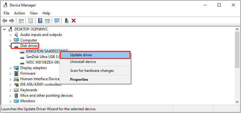 Device Manager interface showing disk drives with the one where the SSD exists and the Update driver option selected.