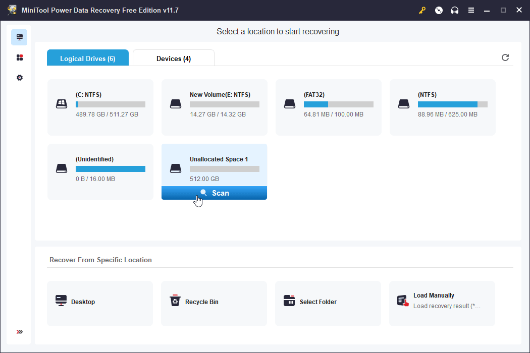 scan the unallocated space using MiniTool Power Data Recovery