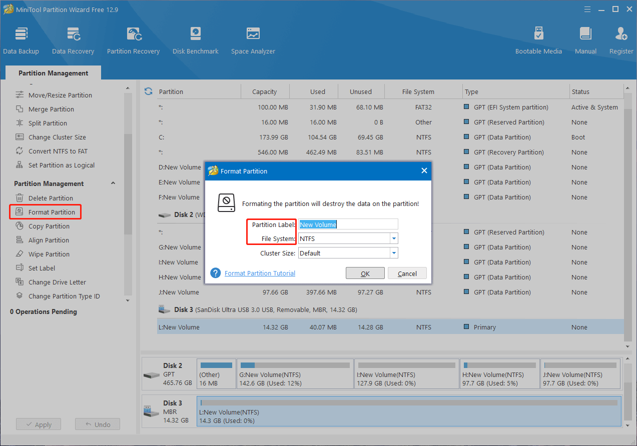 format the SD card using MiniTool Partition Wizard