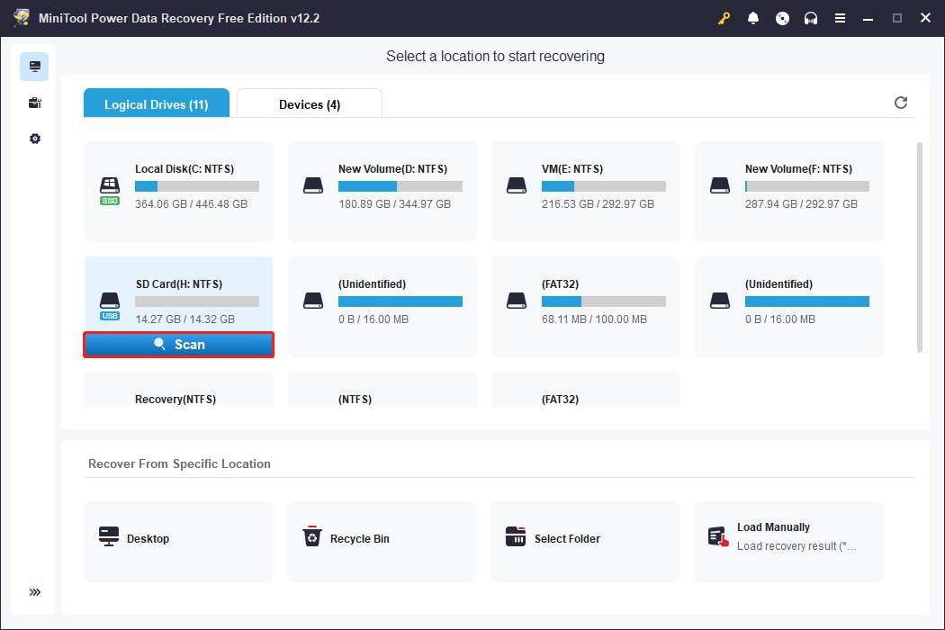 in the main interface of MiniTool Power Data Recovery, find and scan the SD card