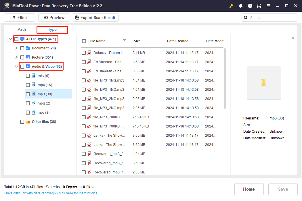 in the scanning results page of MiniTool Power Data Recovery, find the needed audio files using the Type tab