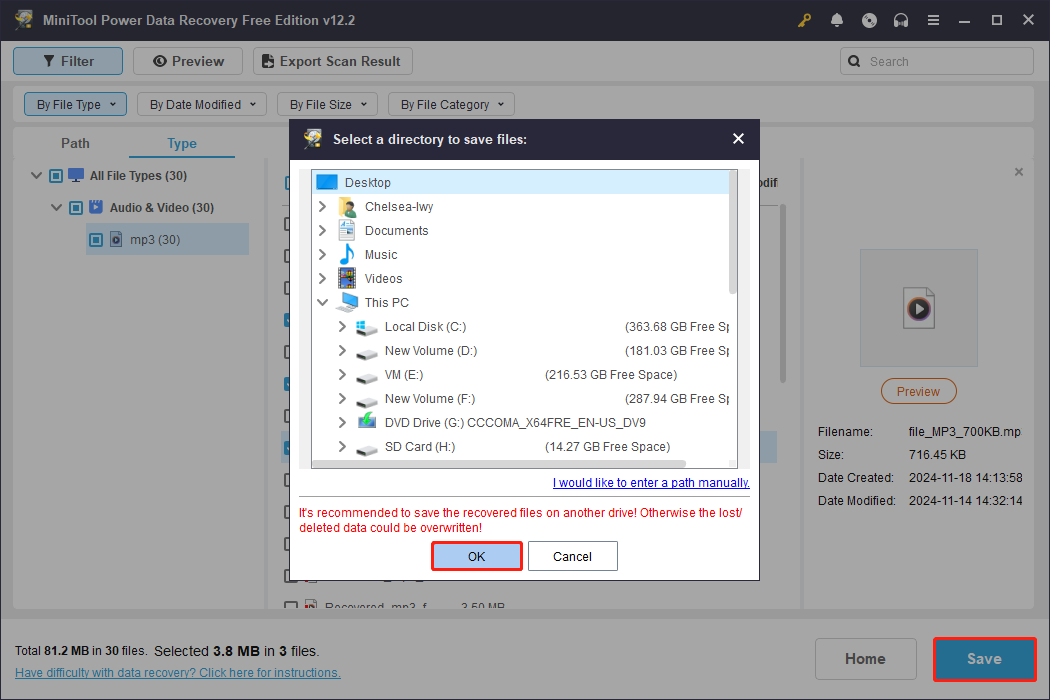 in the scanning results page of MiniTool Power Data Recovery, save the audio files to a new location