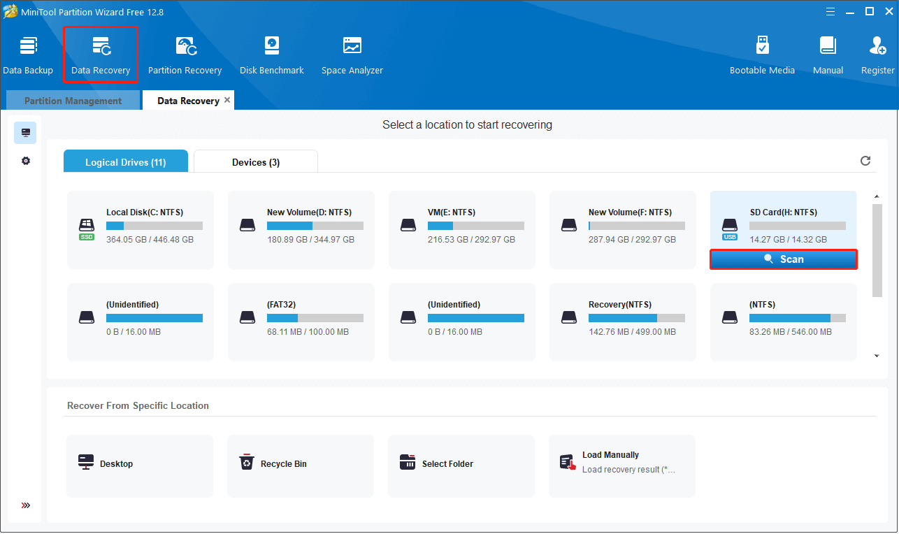 in the main interface of MiniTool Partition Wizard, switch to the Data Recovery section and scan the SD card