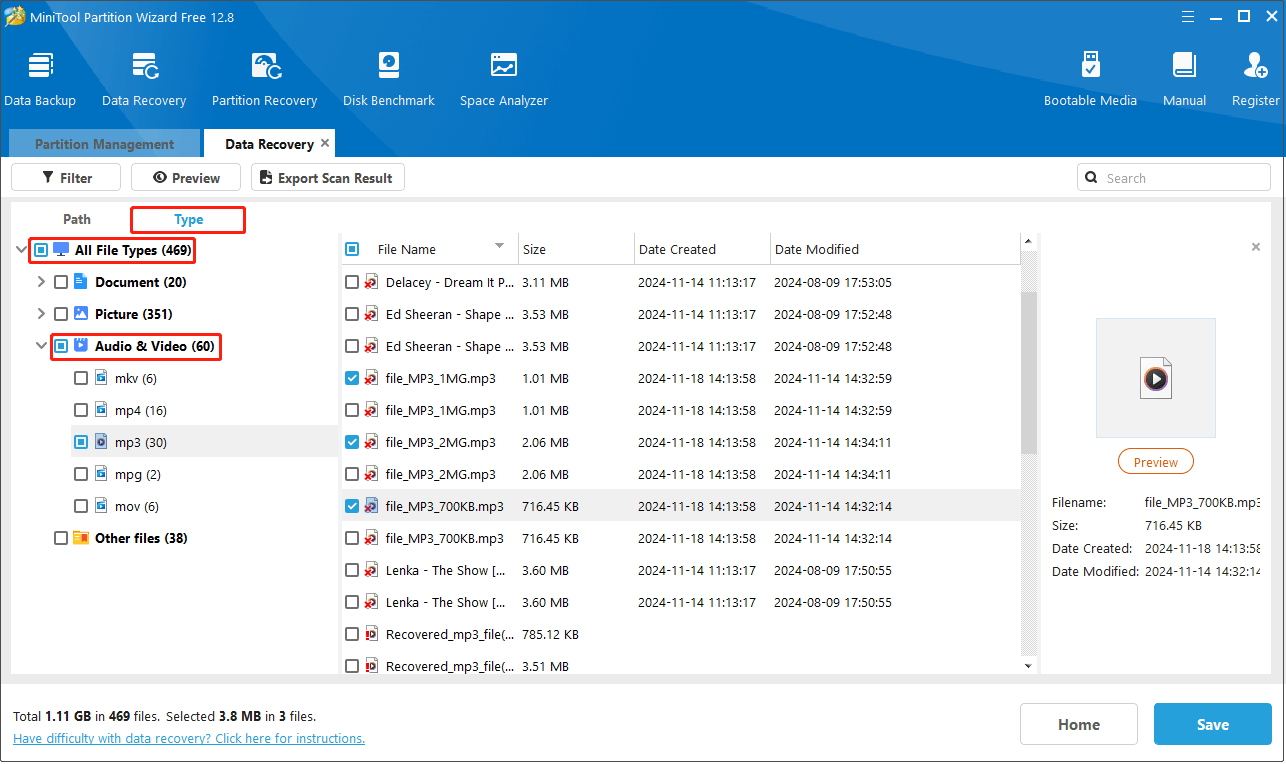 in the scanning results of MiniTool Partition Wizard, select the needed audio files according to type