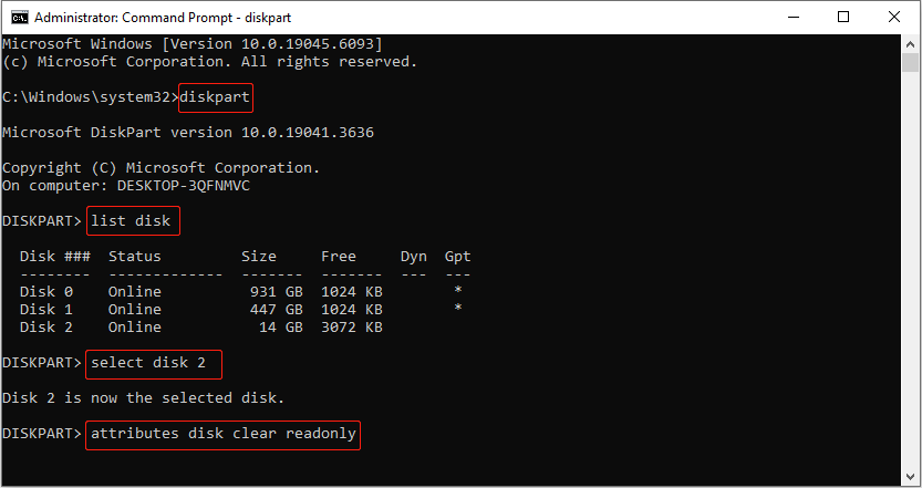 remove the Write-Protection using the DiskPart command