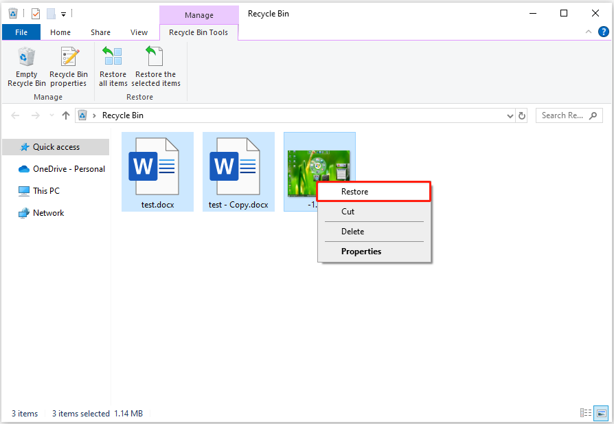 restore the files from the Recycle Bin