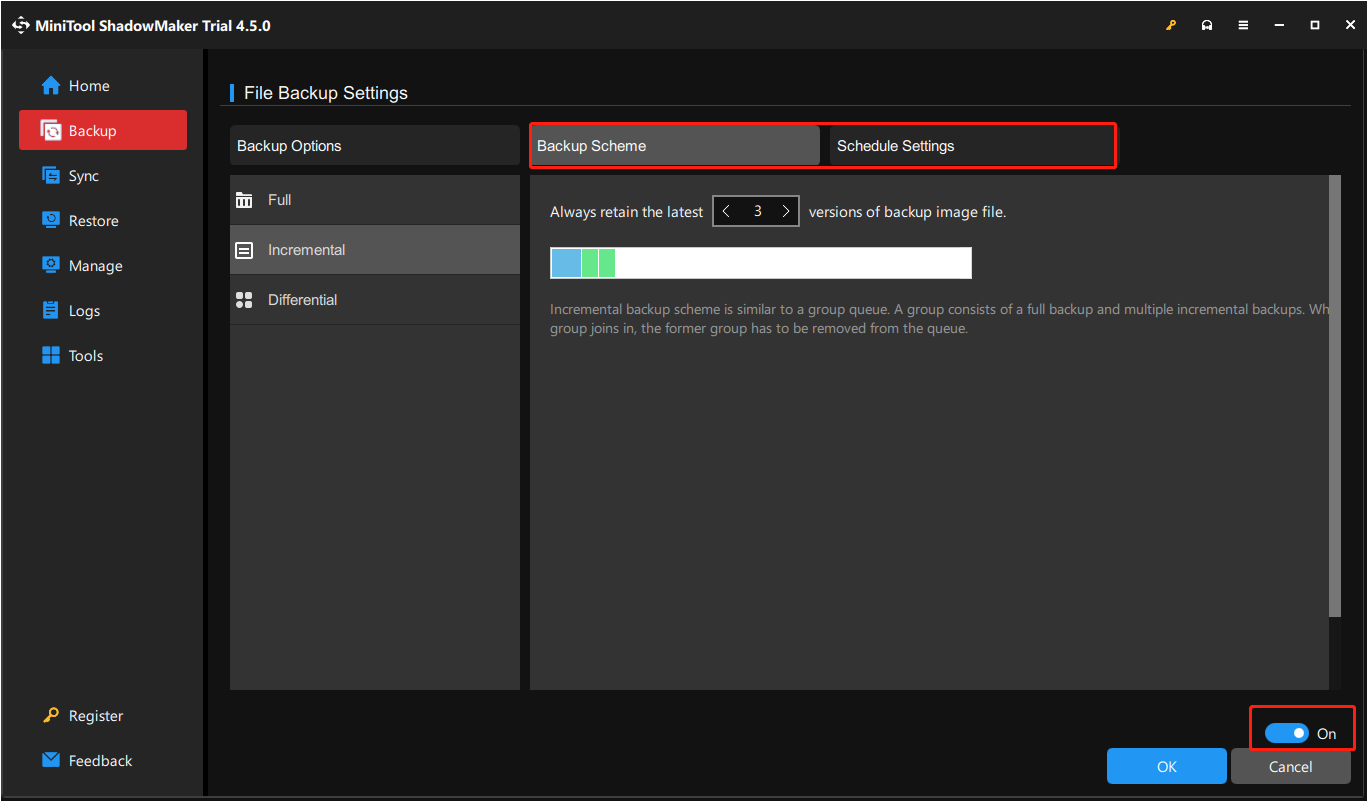 configure the backup schemes and schedule settings