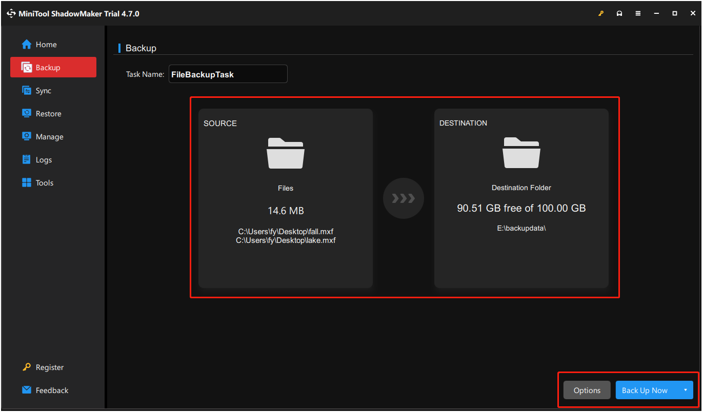 set up backup source and destination, and configure backup settings in MiniTool ShadowMaker