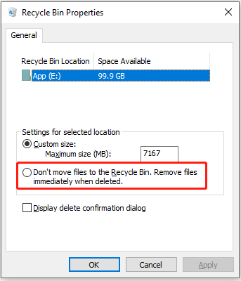 do not bypass the Recycle Bin in the properties window