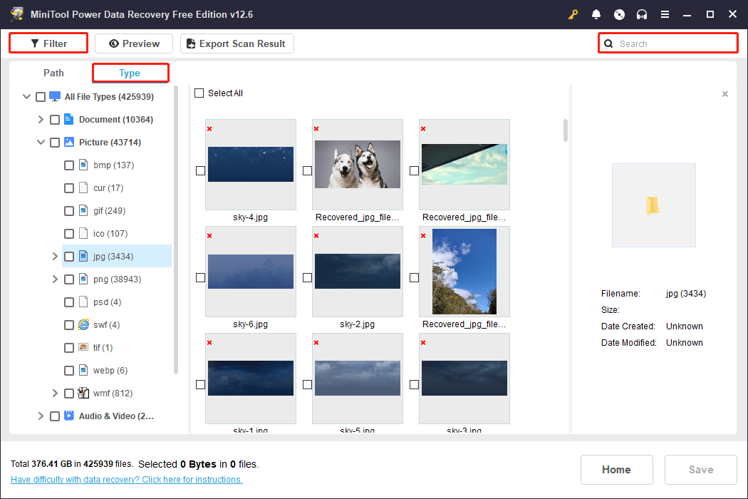 find target photos using various features in MiniTool Power Data Recovery