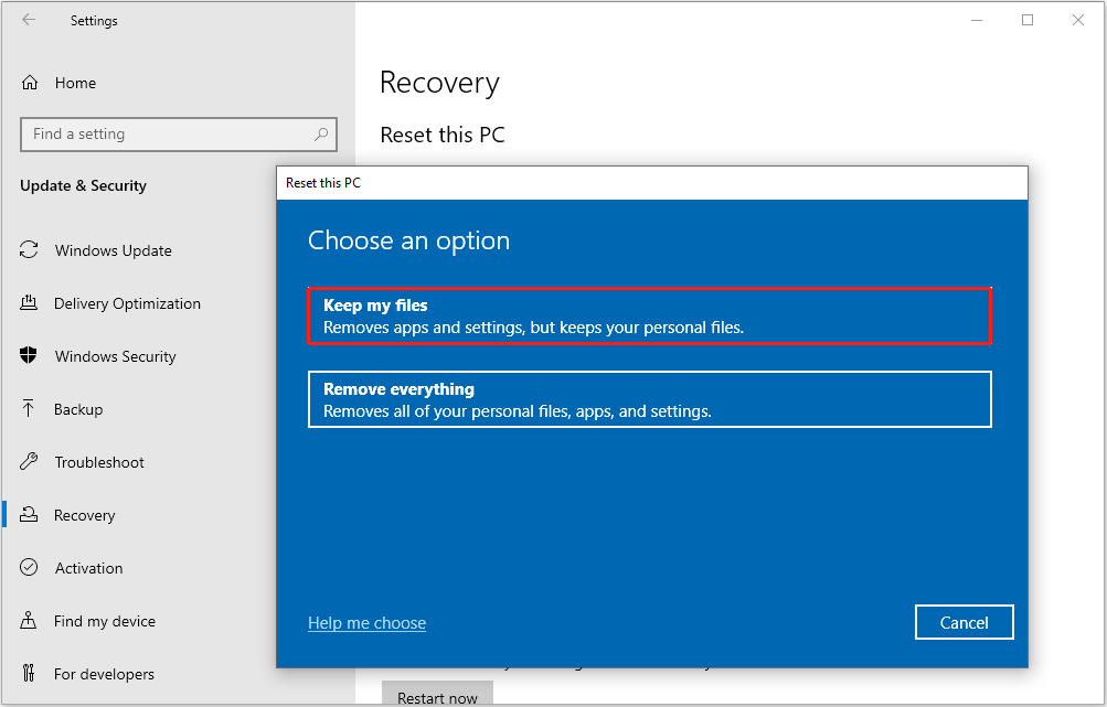 select the Keep my files option