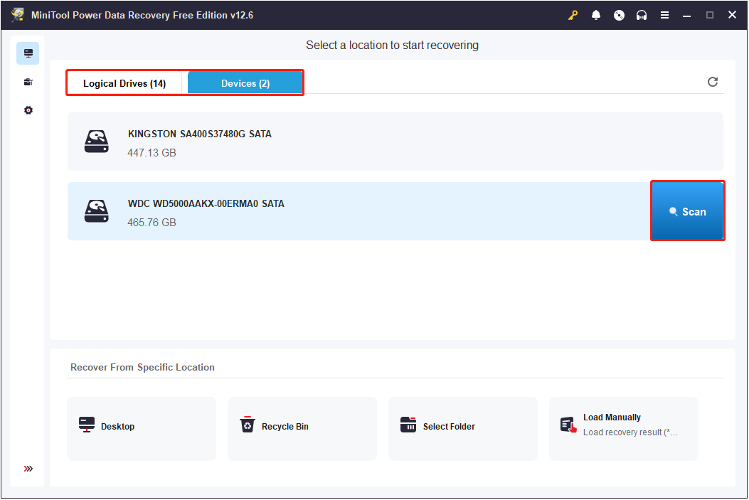 scan the hard drive for lost files in MiniTool Power Data Recovery