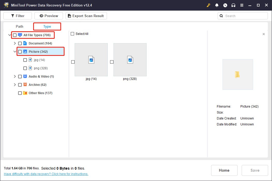 use the Type feature to find photos in MiniTool Power Data Recovery