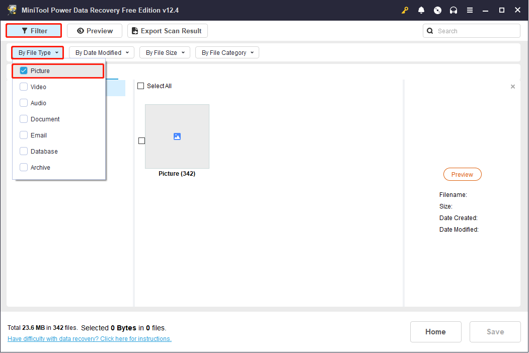 use the Filter feature to find photos in MiniTool Power Data Recovery