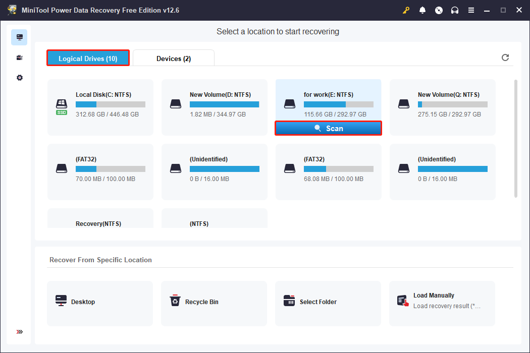 scan the partition using MiniTool Power Data Recovery