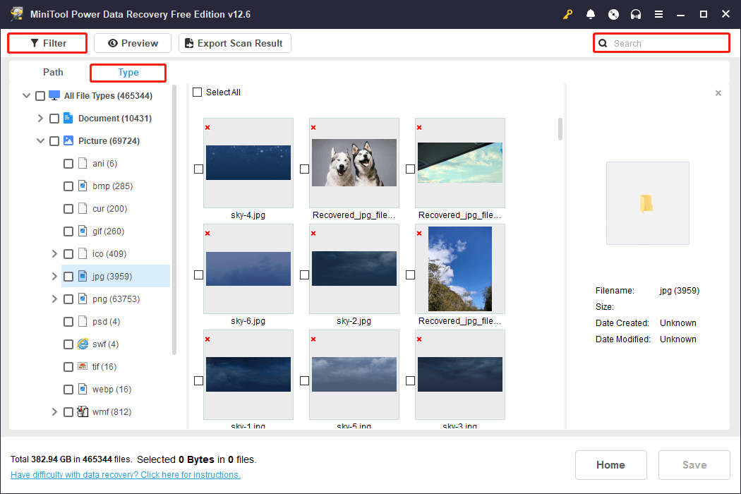 find files using Type, Filter, Search in MiniTool Power Data Recovery