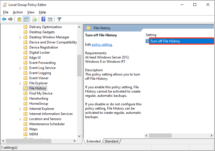 enable the File History using Local Group Policy Editor