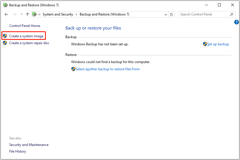 Cliquez sur l'option permettant de créer une image système à l'aide de Sauvegarde et restauration Windows.