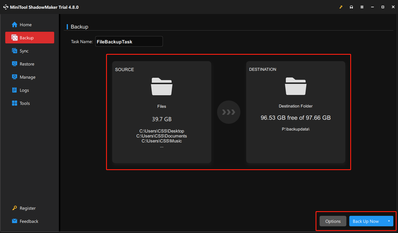 Sauvegardez les fichiers dans MiniTool ShadowMaker.