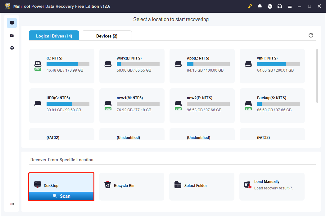 Sélectionnez le bureau à analyser dans MiniTool Power Data Recovery.