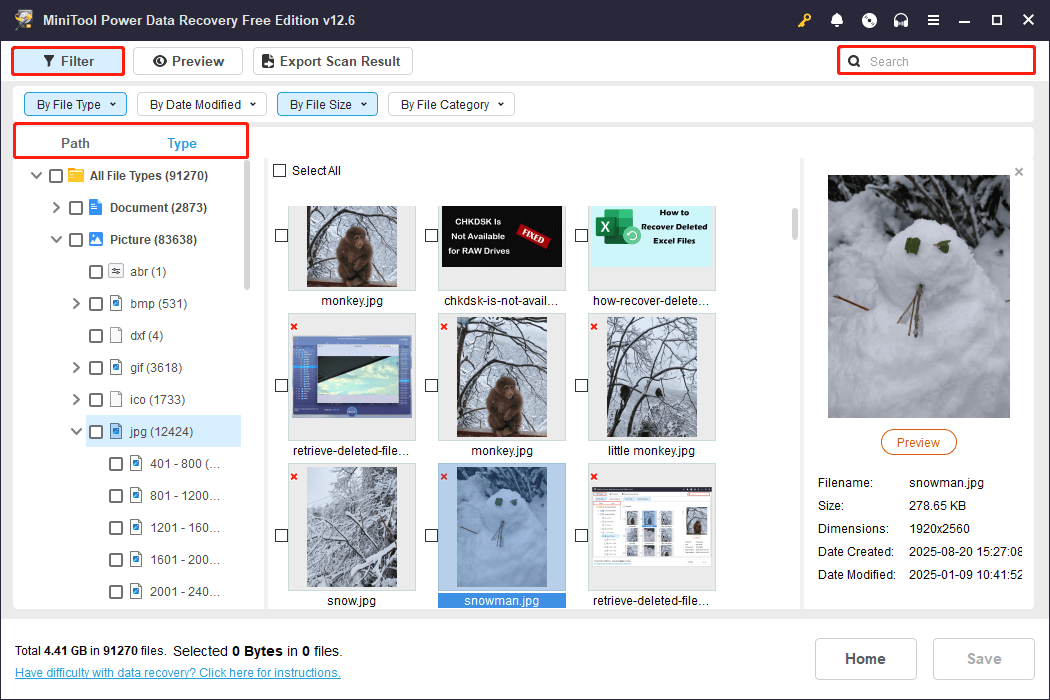 Utilisez les fonctions intégrées pour filtrer ou rechercher des fichiers dans MiniTool Power Data Recovery.