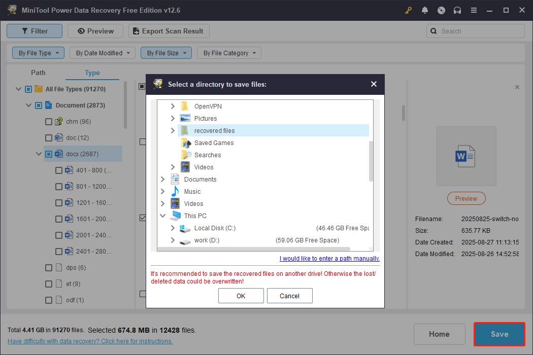 Enregistrez les fichiers récupérés dans MiniTool Power Data Recovery.