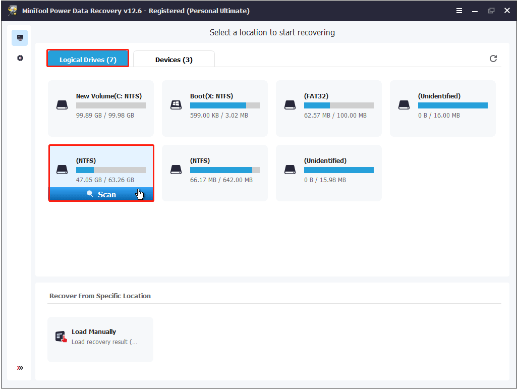 Sélectionnez le lecteur système à analyser dans MiniTool Power Data Recovery.